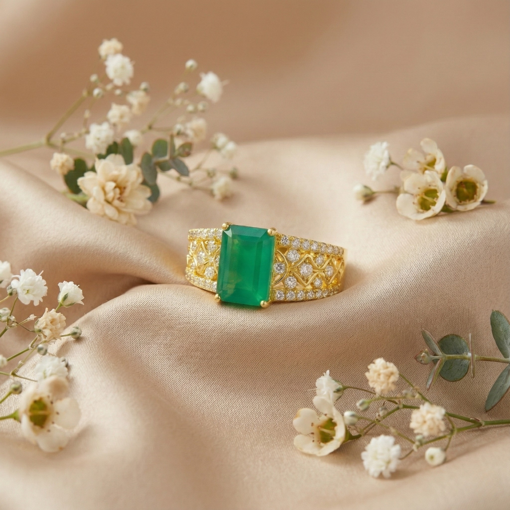 Emerald Cut Natural Green Agate Silver Statement Ring