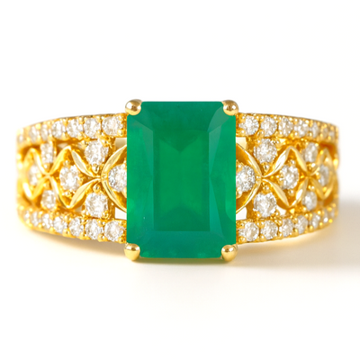 Emerald Cut Natural Green Agate Silver Statement Ring