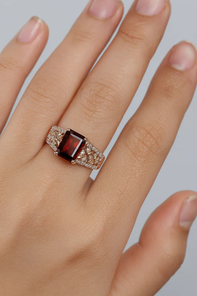 Emerald Cut Garnet and White Topaz Silver Ring