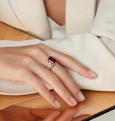 Emerald Cut Garnet and White Topaz Silver Ring