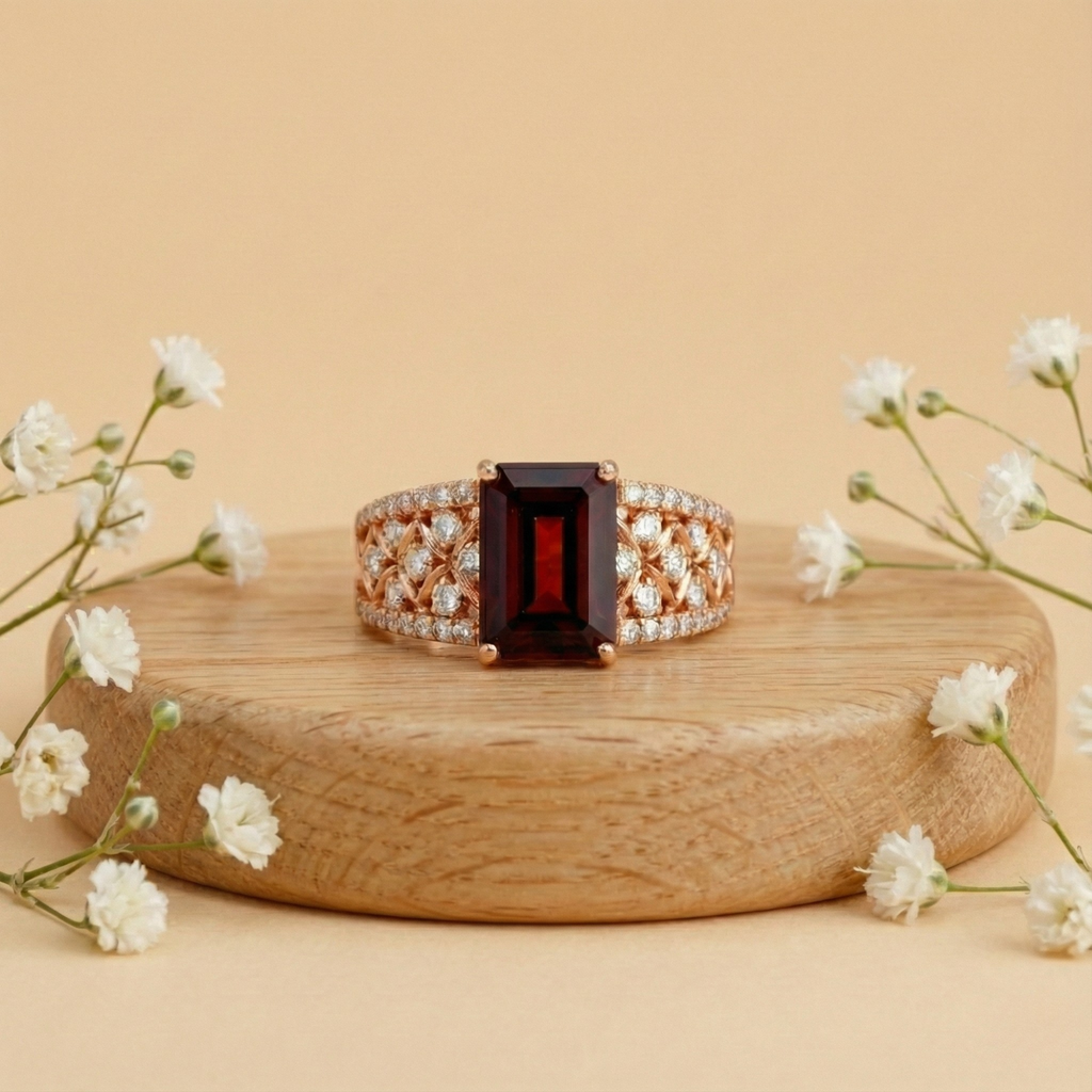 Emerald Cut Garnet and White Topaz Silver Ring