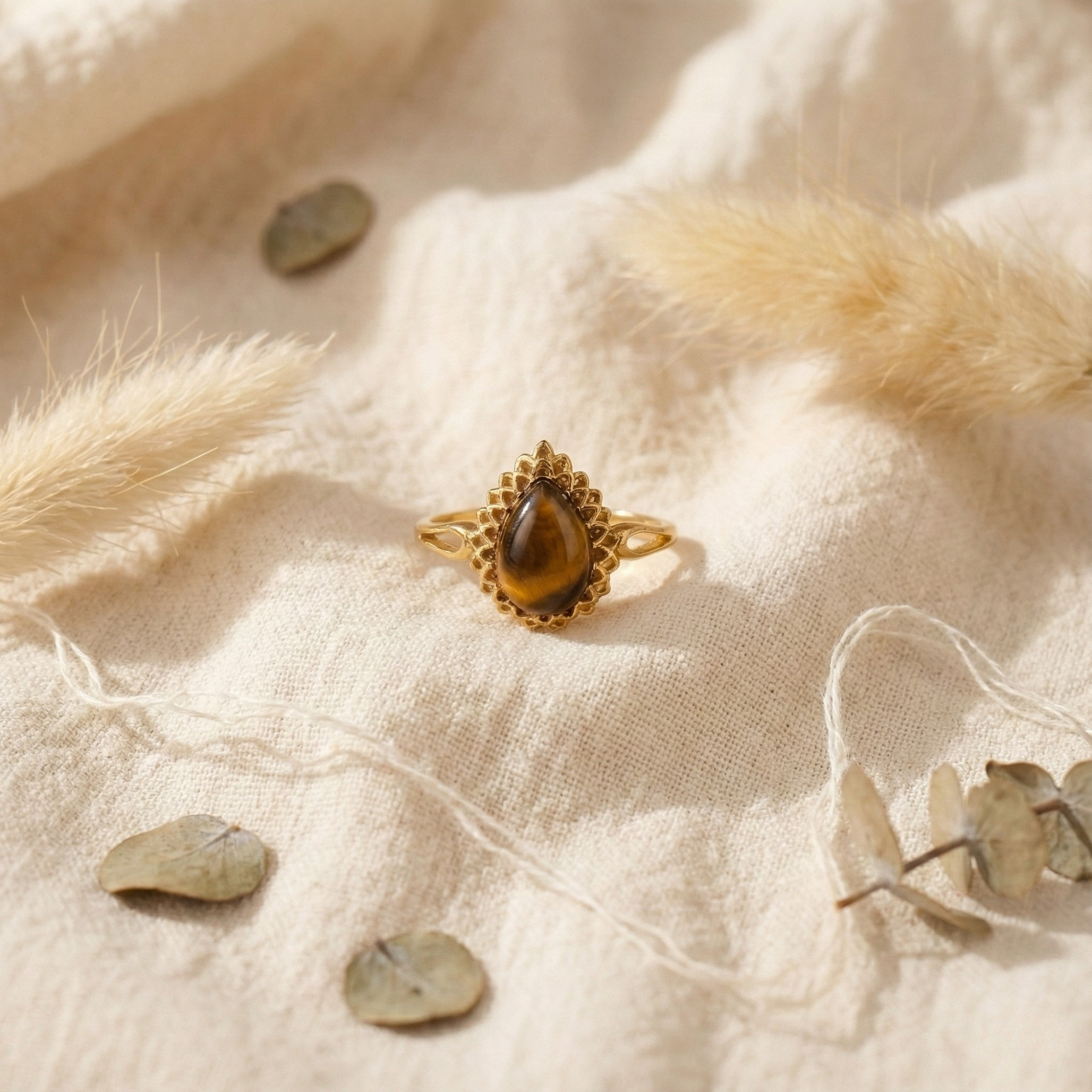 Golden Tigers Eye Pear Shaped Silver Ring