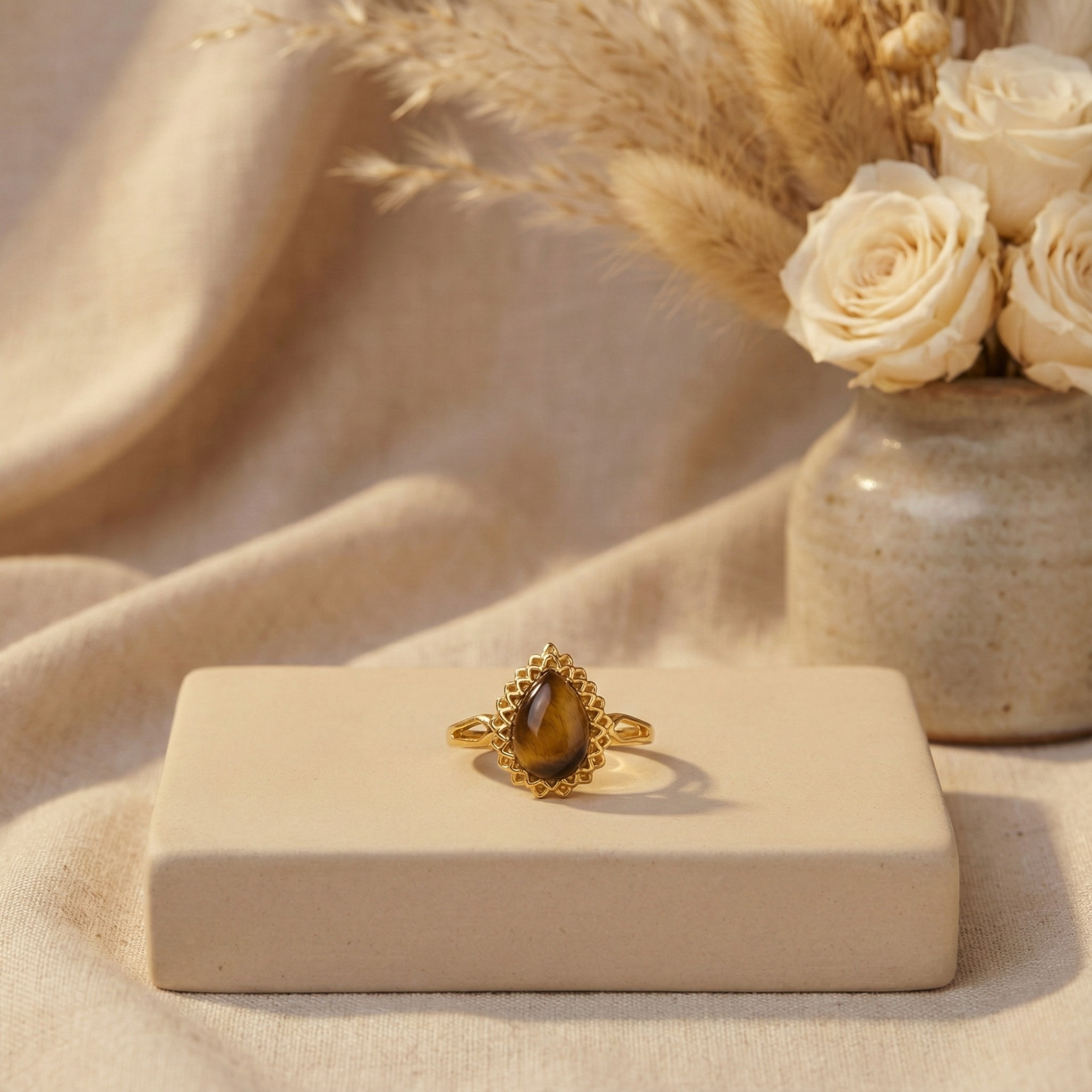 Golden Tigers Eye Pear Shaped Silver Ring