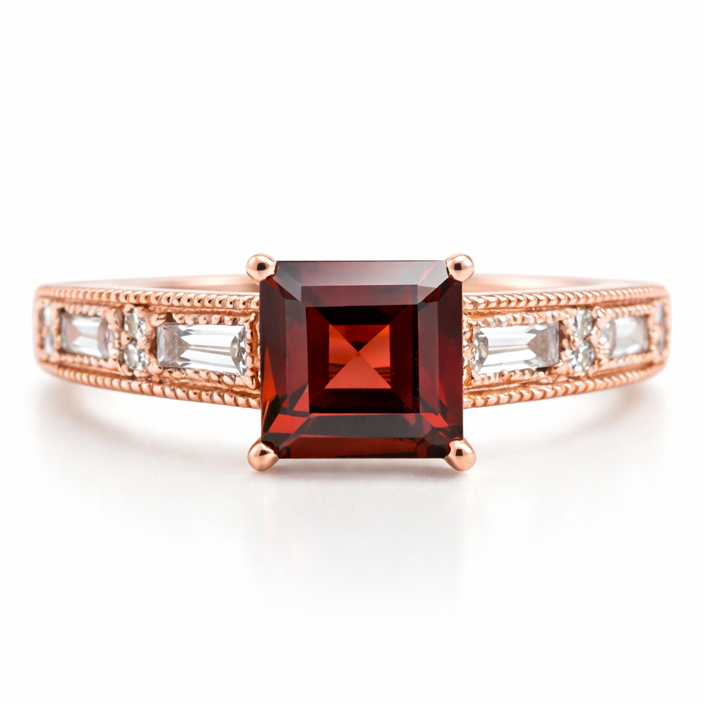 Natural Square Garnet Sterling Silver Ring