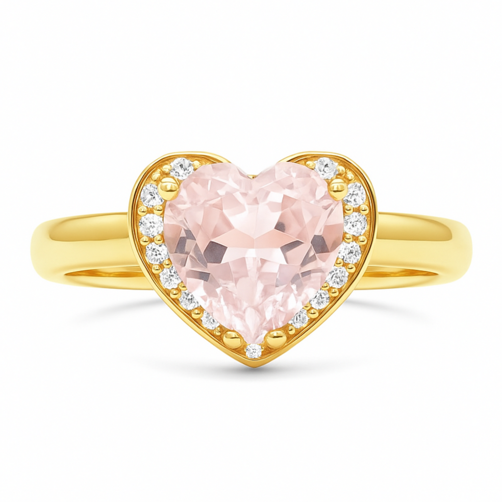 Natural Rose Quartz Gold Plated Silver Halo Heart Ring