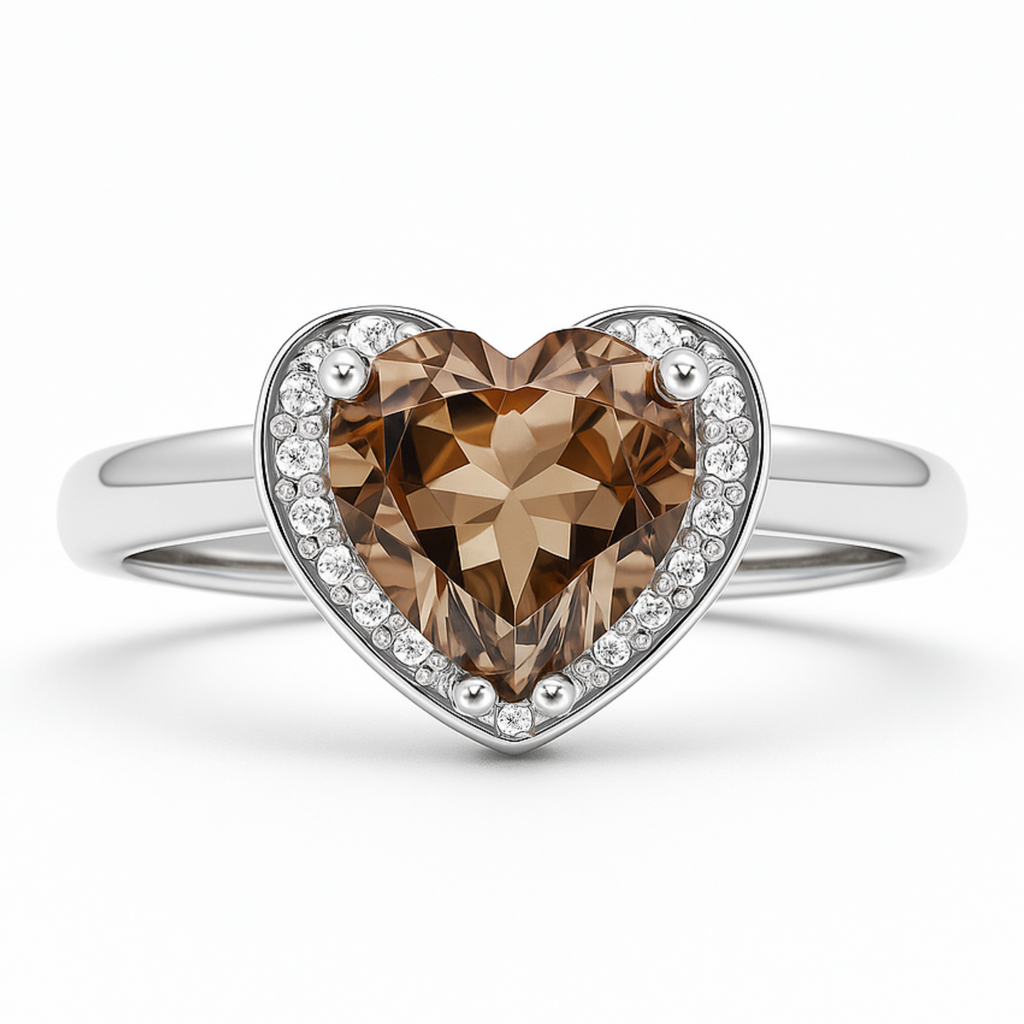 Natural Brown Quartz Sterling Silver Heart Halo Ring
