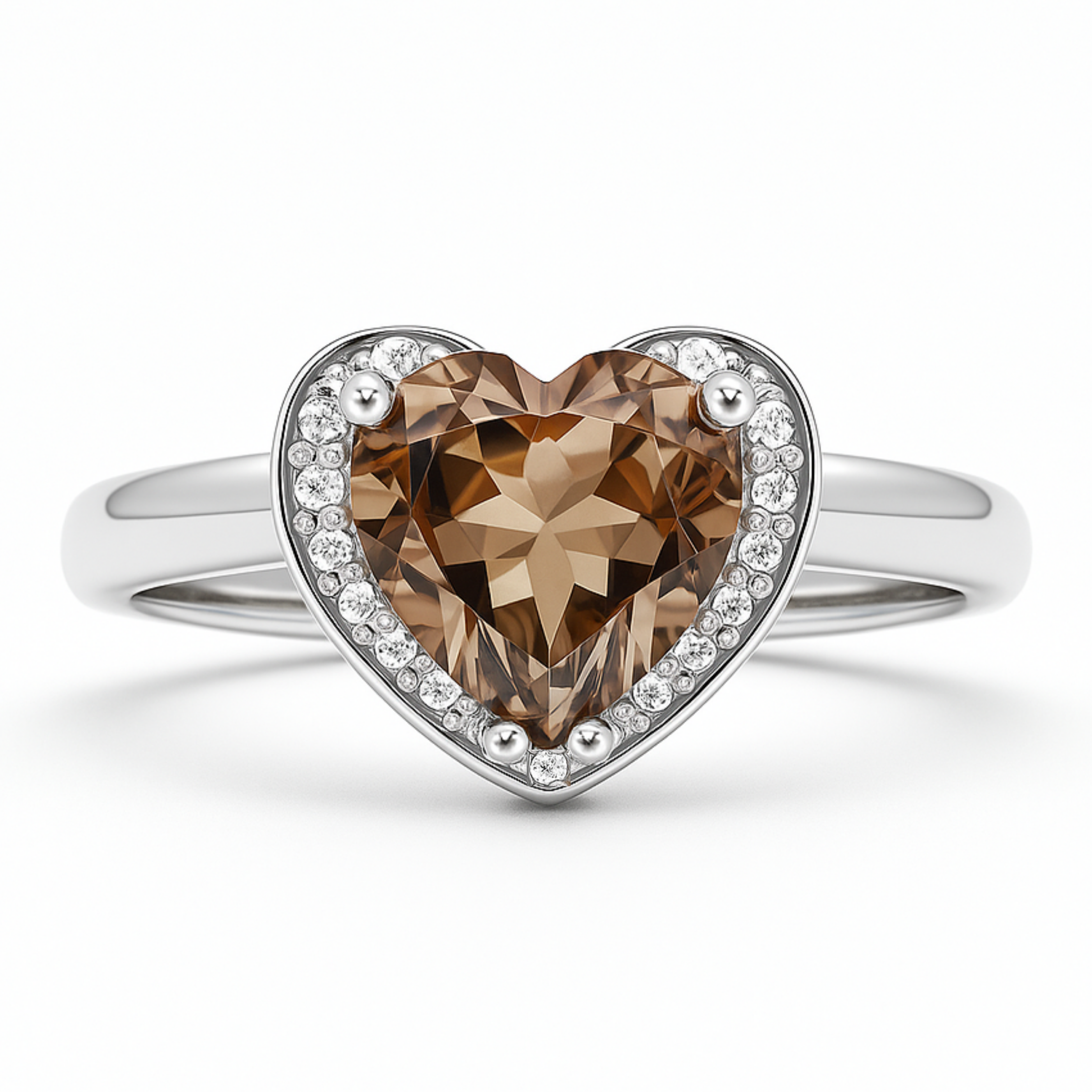 Natural Brown Quartz Sterling Silver Heart Halo Ring