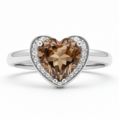 Natural Brown Quartz Sterling Silver Heart Halo Ring