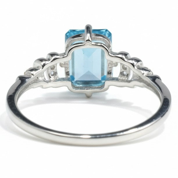 Natural Sky Blue Topaz Octagon Sterling Silver Pave Ring