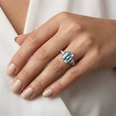 Natural Sky Blue Topaz Octagon Sterling Silver Pave Ring