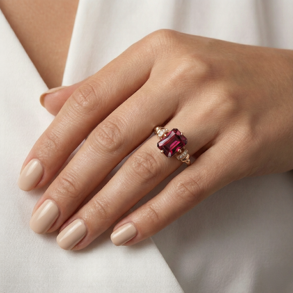Natural Red Garnet Octagon Ring Sterling Silver