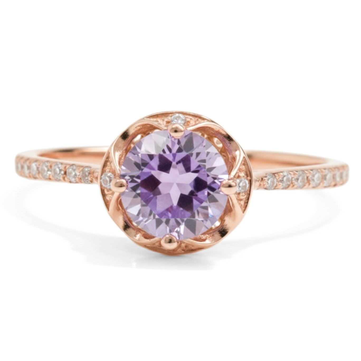 Natural Purple Amethyst Sterling Silver Round Pave Ring