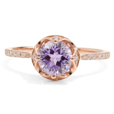 Natural Purple Amethyst Sterling Silver Round Pave Ring