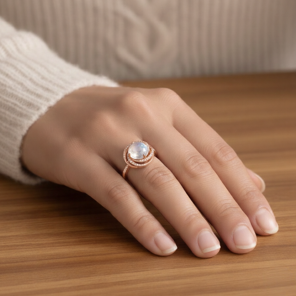 Natural White Moonstone Sterling Silver Ring