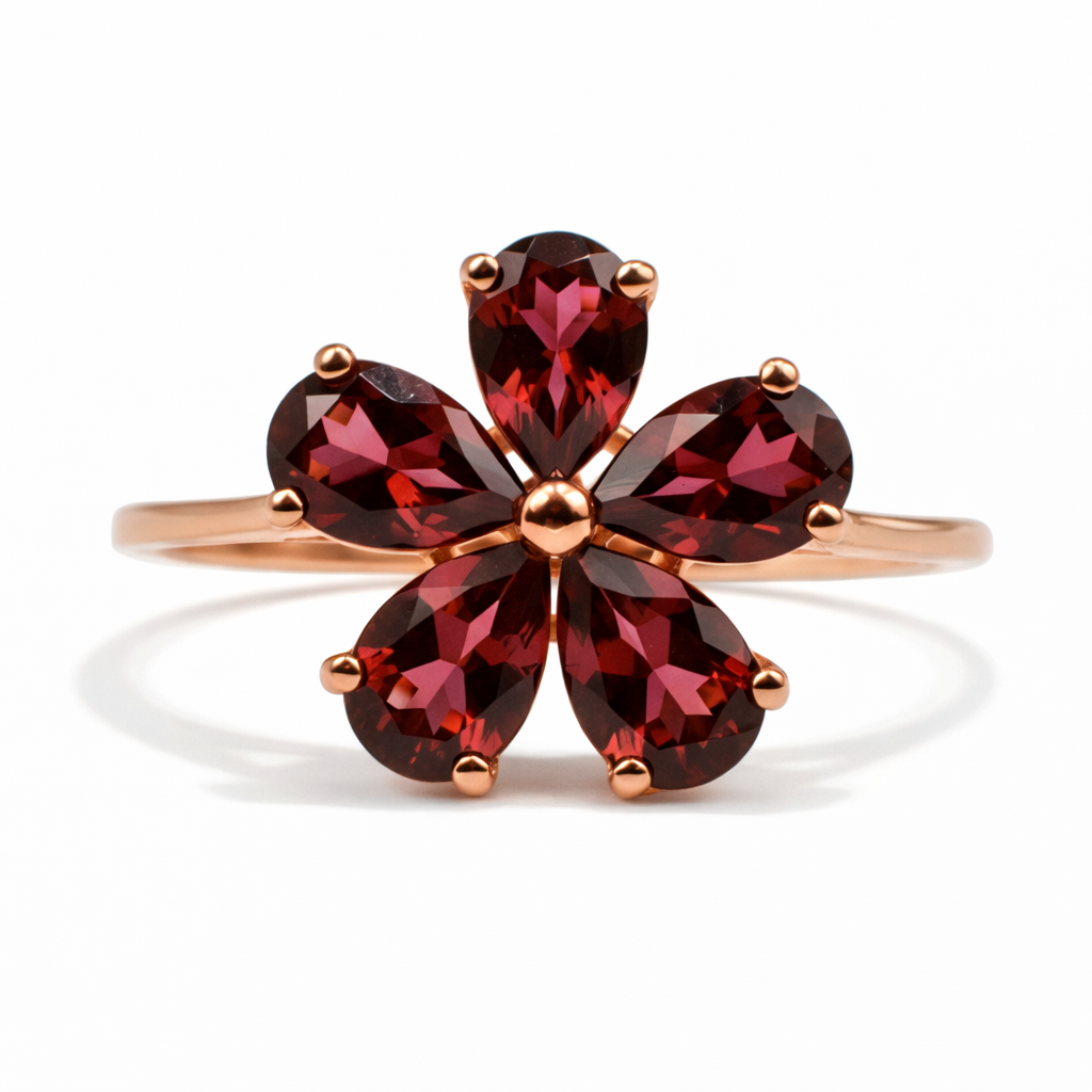 Natural Red Garnet Sterling Silver Flower Ring