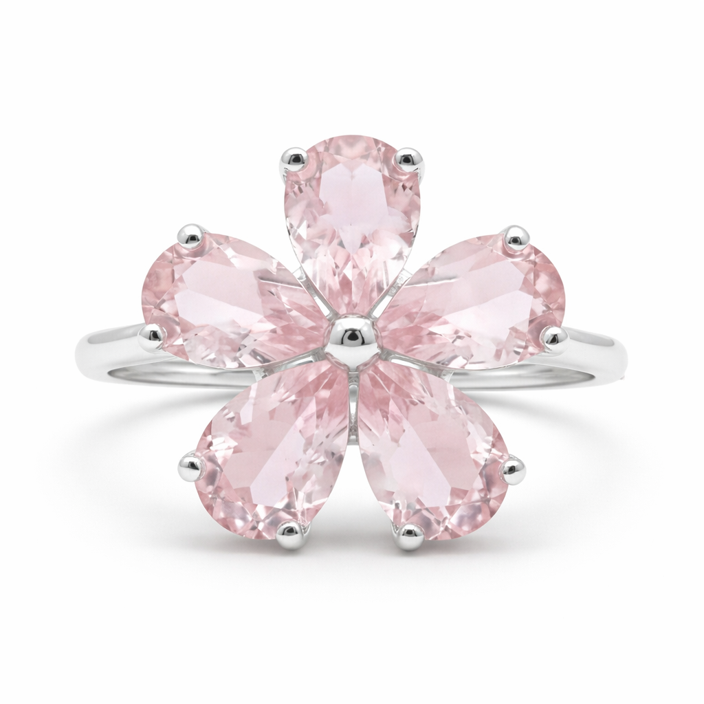 Natural Rose Quartz Sterling Silver Flower Ring