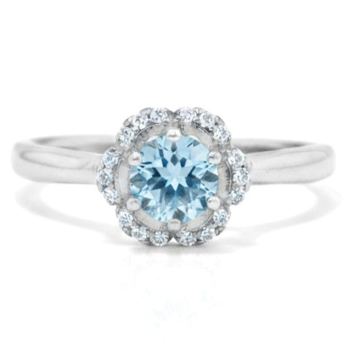 Natural Sky Blue Topaz Sterling Silver Floral Halo Ring