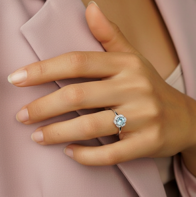 Natural Sky Blue Topaz Sterling Silver Floral Halo Ring