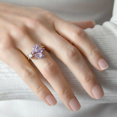 Natural Purple Amethyst Silver Unique Floral Ring