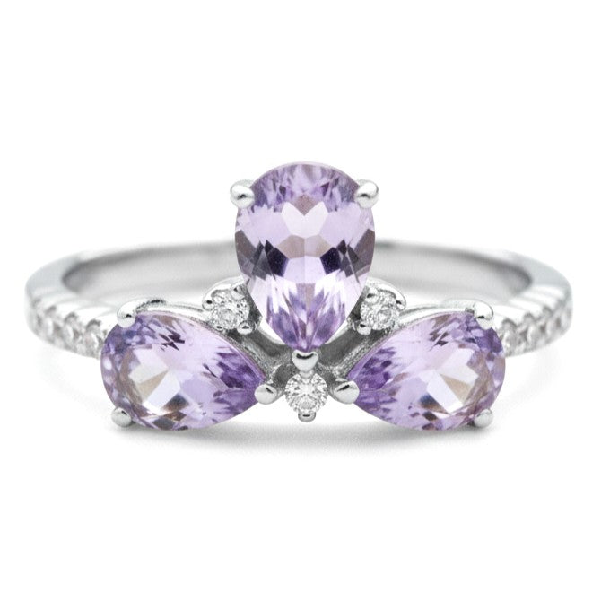 Natural Purple Amethyst Silver 3 Stone Ring