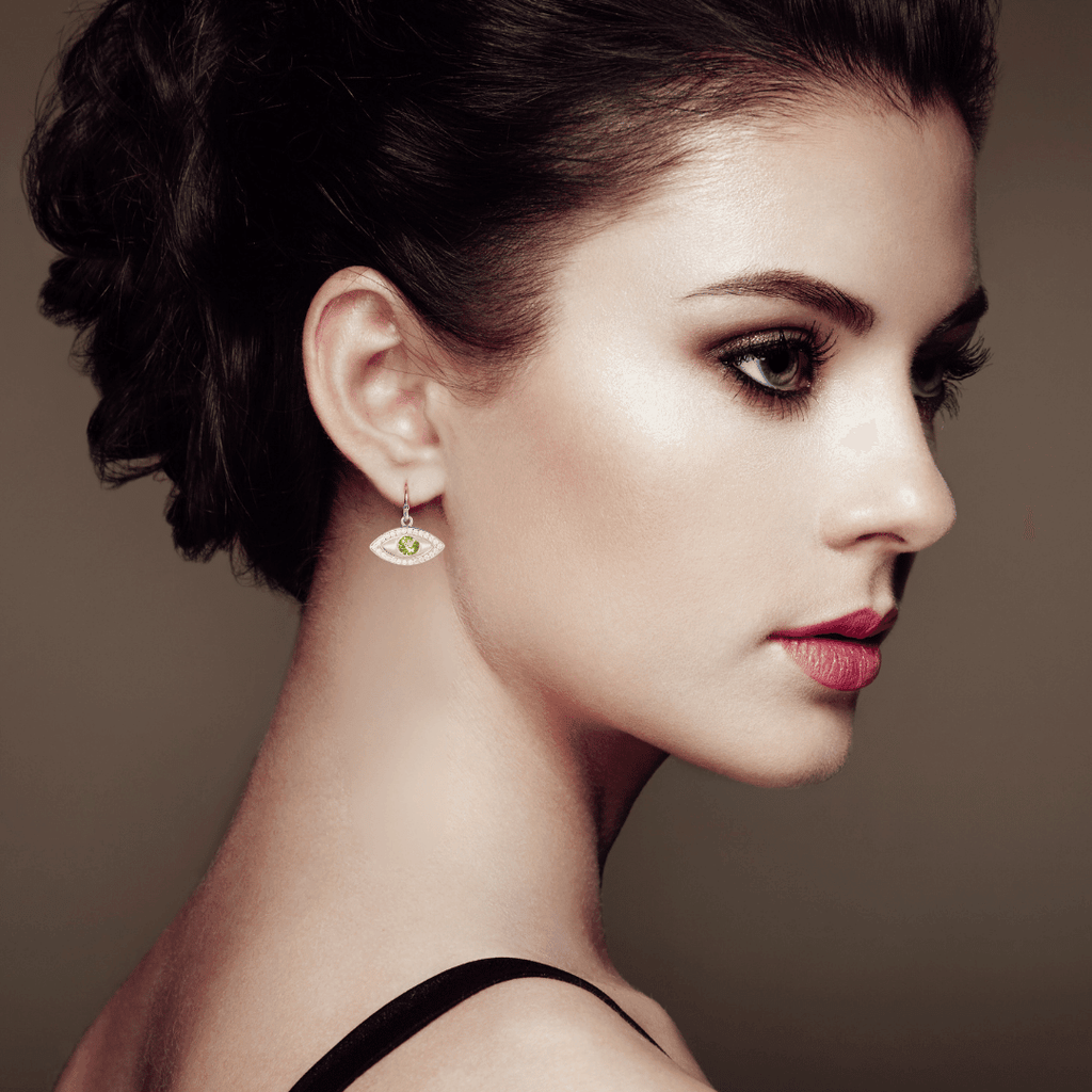 model showcasing Evil Eye Peridot Earrings with Natural Peridot Green Peridot Dangling Rhodium Plated Silver Earrings