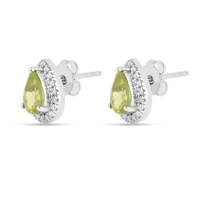 Natural Peridot Pear Shaped Halo Studs Earrings