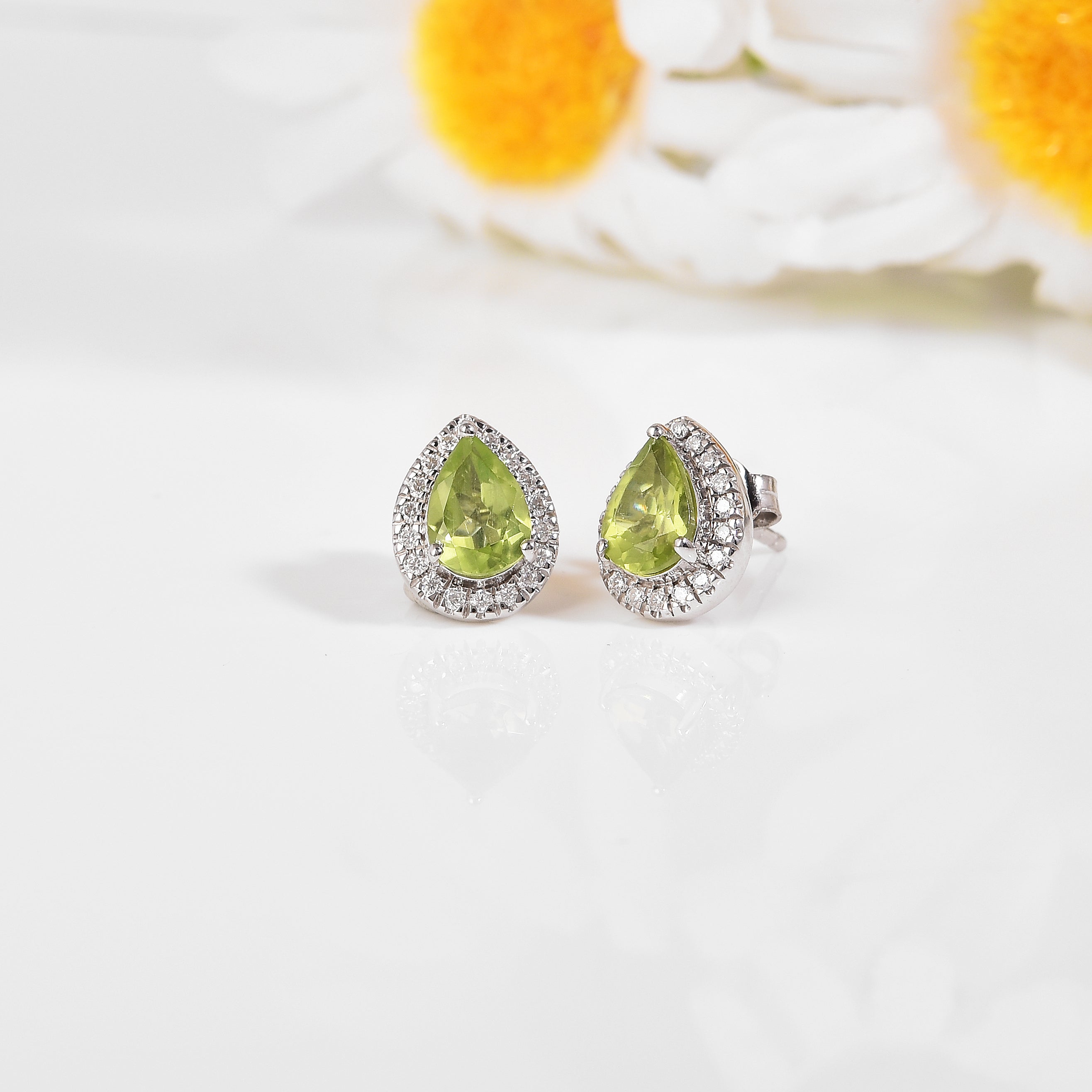 Natural Peridot Pear Shaped Halo Studs Earrings