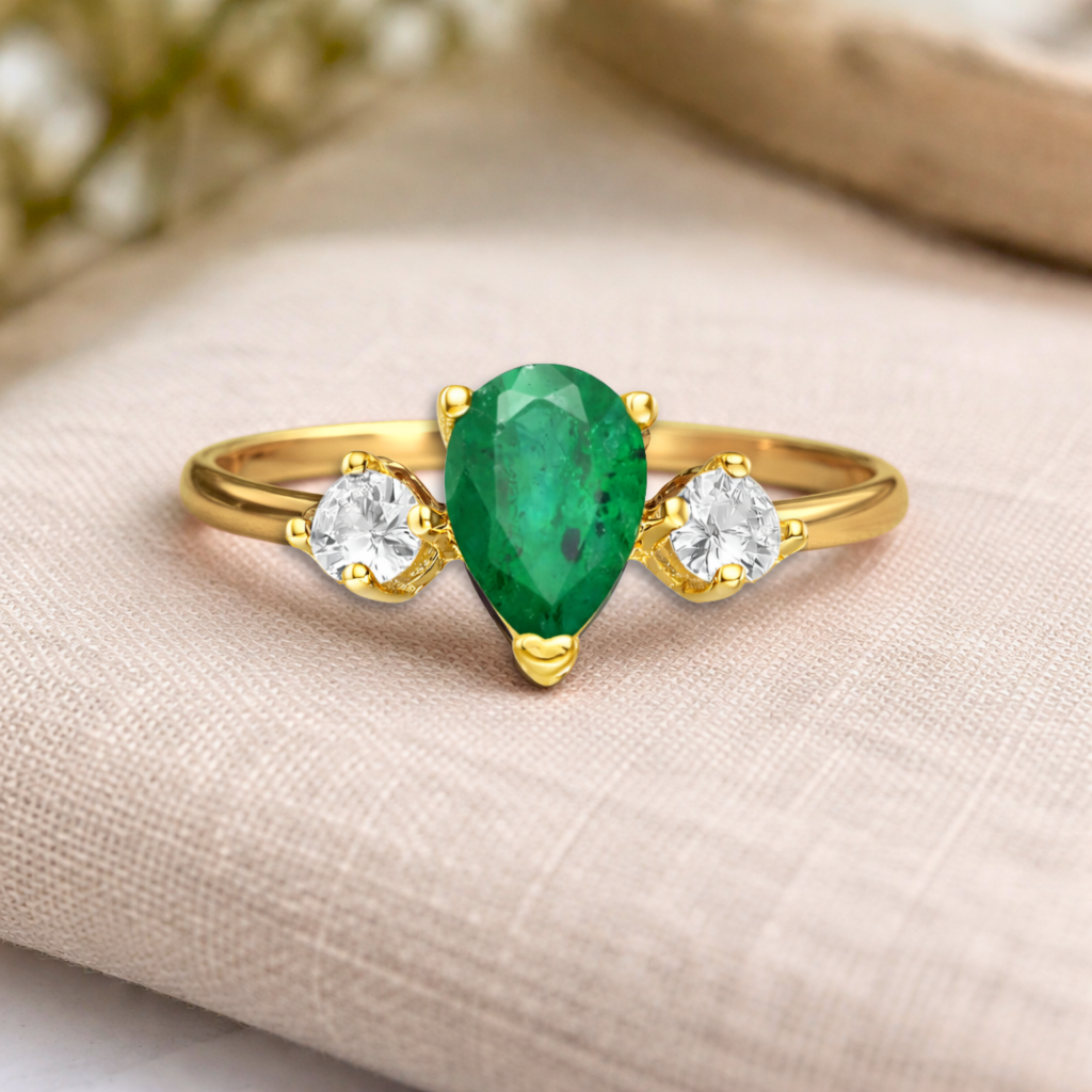 22k Gold Vermeil Three Stone Emerald Teardrop Ring