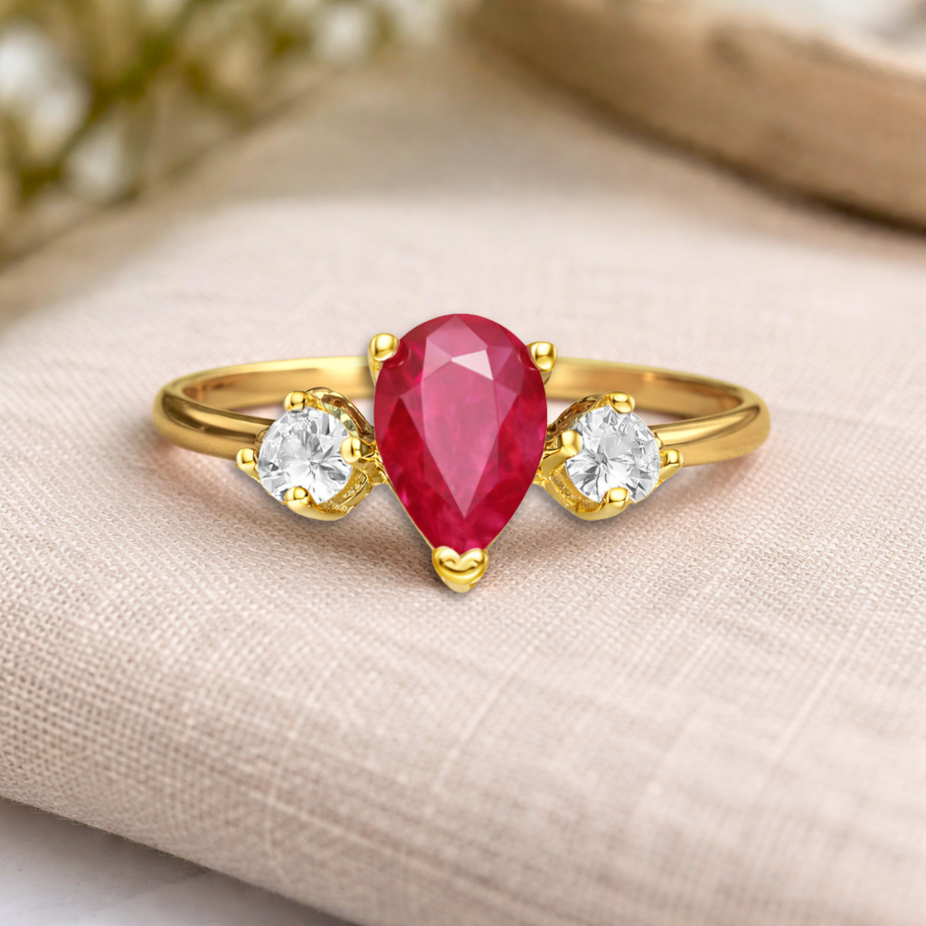 22k Gold Vermeil Three Stone Ruby Teardrop Ring