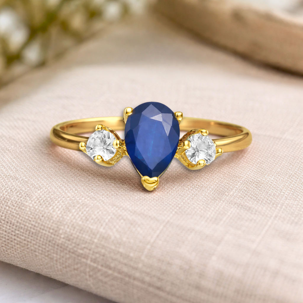 22k Gold Vermeil Three Stone Blue Sapphire Teardrop Ring