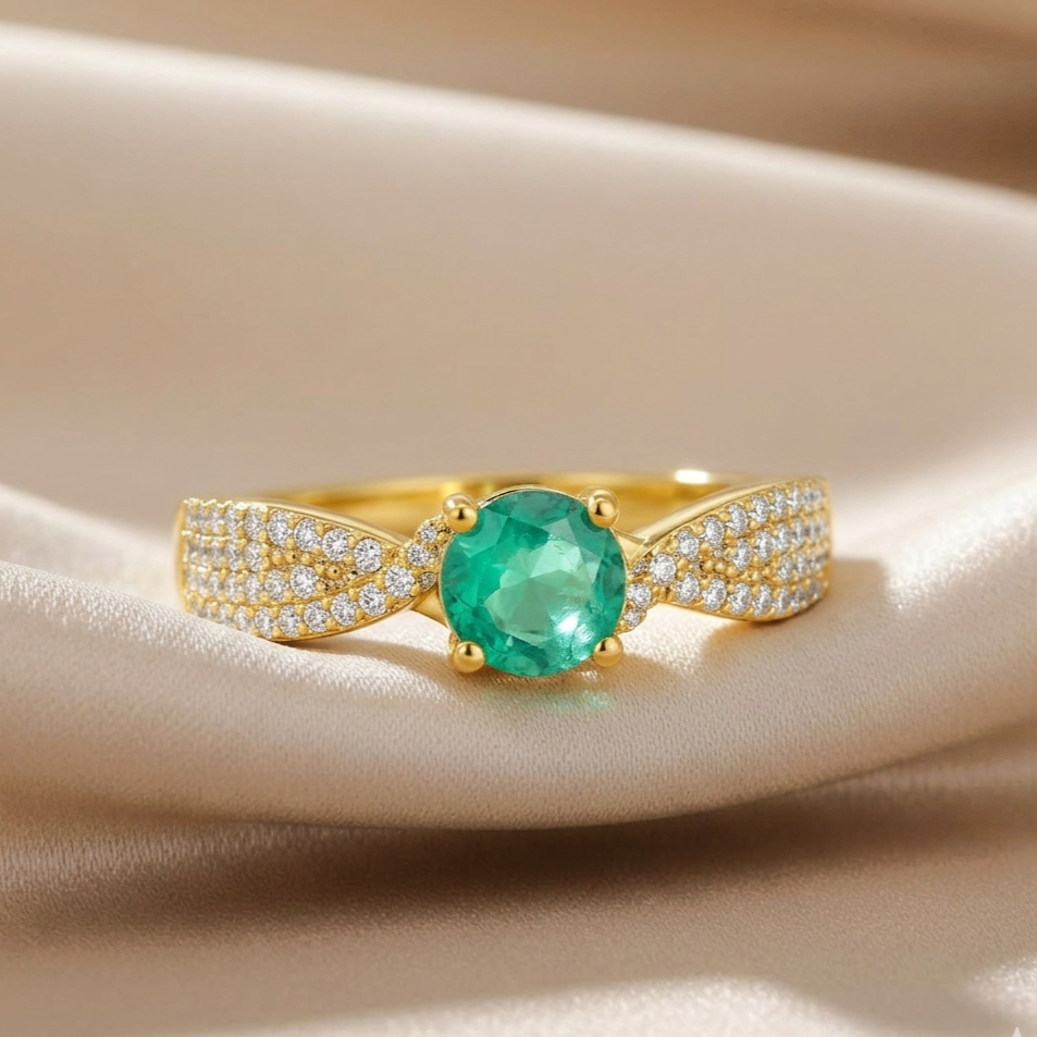 22k Gold Vermeil Green Emerald Solitiare Engagement Ring