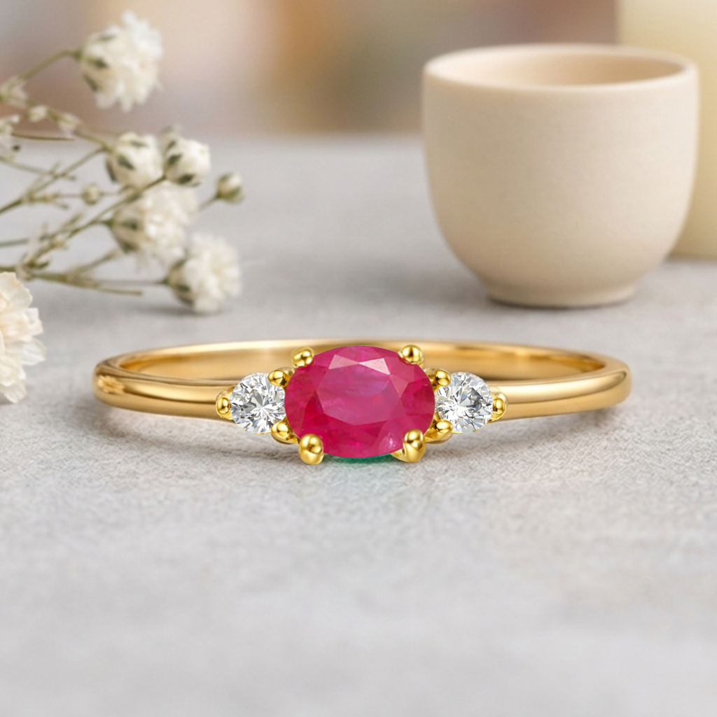 22k Gold Vermeil Ruby Oval Three Stone Ring