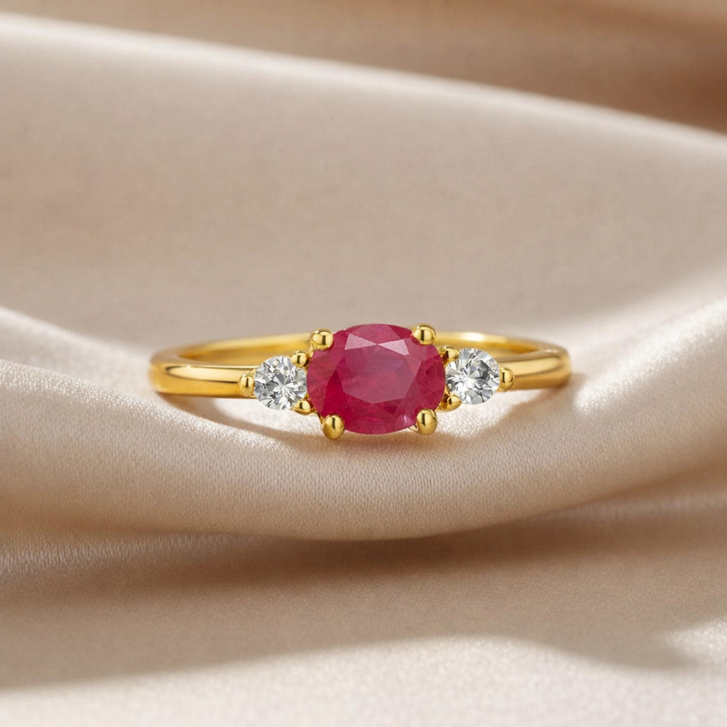 22k Gold Vermeil Ruby Oval Three Stone Ring