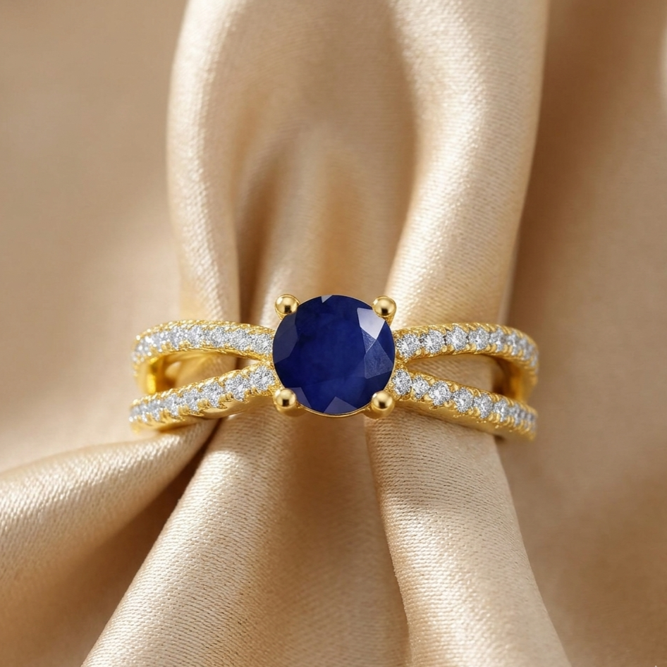 22k Gold Vermeil Blue Sapphire Split Band Engagment Ring