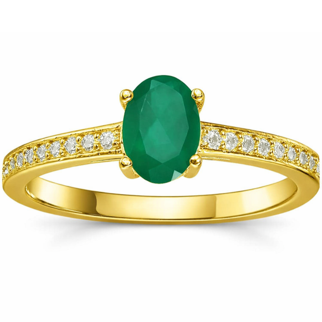 22k Yellow Gold Vermeil Oval Emerald Pave Solitaire Ring