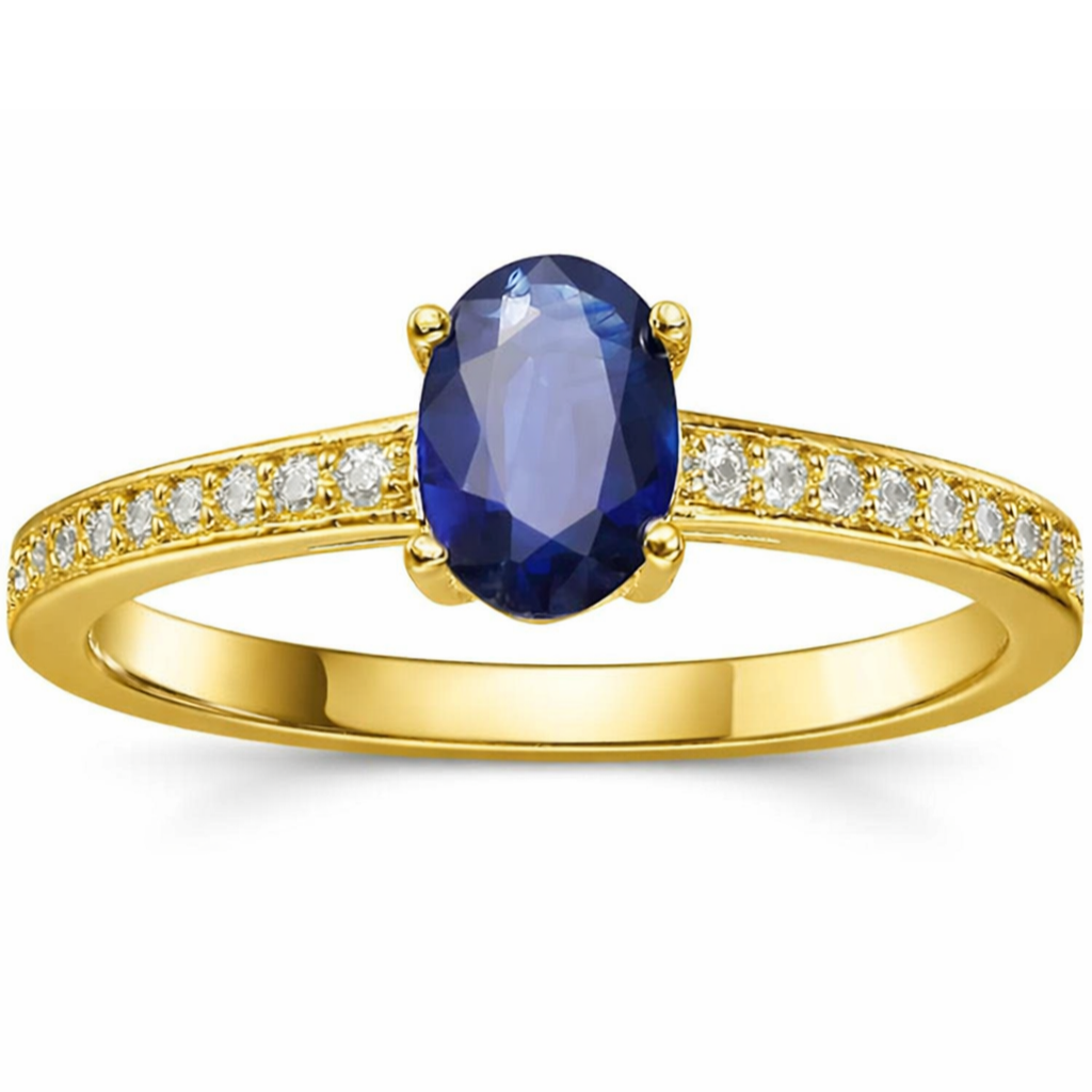 22k Yellow Gold Vermeil Oval Blue Sapphire Pave Solitaire Ring