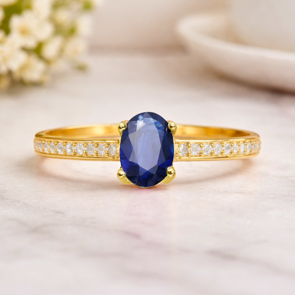 22k Yellow Gold Vermeil Oval Blue Sapphire Pave Solitaire Ring