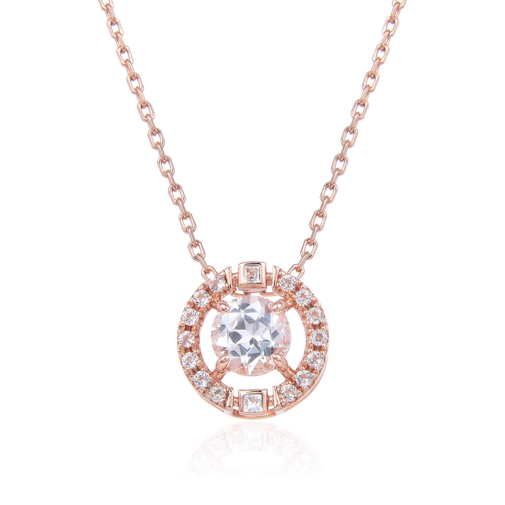 Signature Round Rose Gold White Topaz Necklace.
$ 50 & Under, White Topaz, White, Round, 925 Sterling Silver Ð Gold Plated Rose, Halo