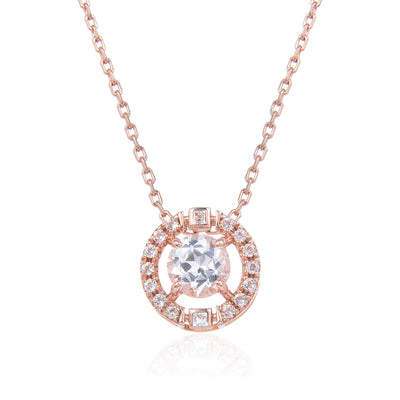 Signature Round Rose Gold White Topaz Necklace.
$ 50 & Under, White Topaz, White, Round, 925 Sterling Silver Ð Gold Plated Rose, Halo