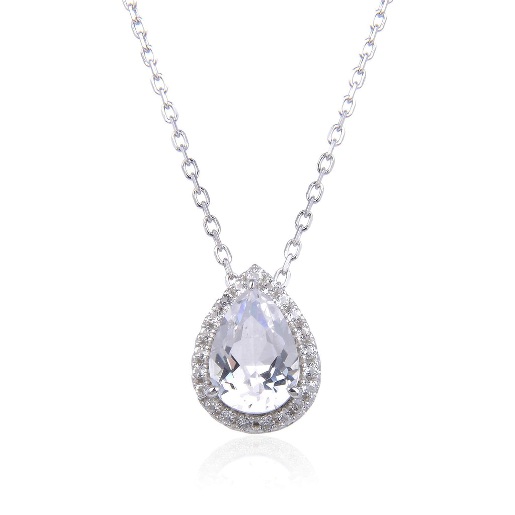 Signature Pear Shaped White Topaz Necklace.
$ 50 & Under, White Topaz, White, Pear, 925 Sterling Silver, Halo