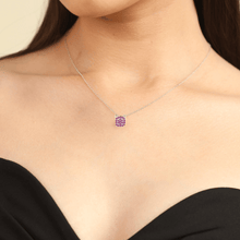 Load image into Gallery viewer, model showcasing square necklace silver necklace pendant necklace necklace gift ruby necklace red pendant ruby pendant natural ruby Genuine ruby red ruby wedding party gift graduation gift leo birthday gift