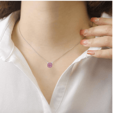 Load image into Gallery viewer, model showcasing Genuine Ruby Pendant Necklace in 925 Sterling Silver Ruby Halo Pendant Ruby Necklace