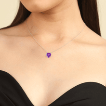 Load image into Gallery viewer, model showcasing Heart Pendant Sterling silverchain purple heart pendant gemstone with enamel allison lou pendant christmas gift gift for women cocktail pendant amethyst pendant handmade necklace amethyst heart shape amethyst necklace gift for mother