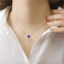 Load image into Gallery viewer, model showcasing Amethyst Heart Necklace Enamel Bezel Natural Amethyst 2.8 Ct Heart Pendant Necklace Rhodium Plated 925 Sterling Silver Valentines Day Gift