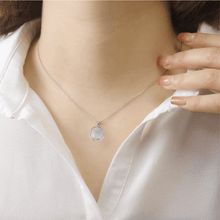 Load image into Gallery viewer, model showcasing Medallion Pendant Filigree Pendant Lace Necklace Round Statement Necklace Sterling Silver Circular Pendant Symbolic Gift For Women