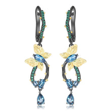 Load image into Gallery viewer, Artisan Blue Topaz Gold-Plated Butterly Earrings.
$ 50 - 100, Blue Topaz, Marquise, Oval, Pear, Blue, Green, 925 Sterling Silver, 925 Sterling Silver Ð Gold Plated Yellow, Dangle, Drop