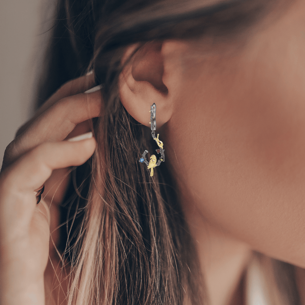 Multi Color Dangling Bird Earrings Fine Color Jewels $50-100, 925-Sterling-Silver, 925-Sterling-Silver-Gold-Plated-Yellow, Blue, Blue Topaz, Dangle, dla-dm-discount-all-143240, dla-dm-discount-all-154898, Garnet, Green, Red, Round, sale