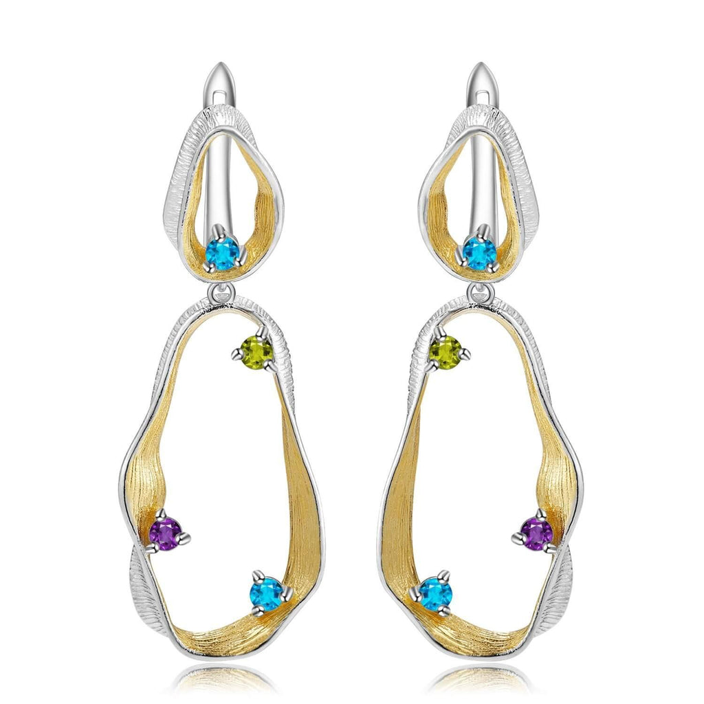 Signature Rhodium and Gold Plated Earrings.
$ 50 - 100, Blue Topaz, Peridot, Amethyst, Round, 925 Sterling Silver, Dangle, Hoop