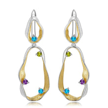 Load image into Gallery viewer, Signature Rhodium and Gold Plated Earrings.
$ 50 - 100, Blue Topaz, Peridot, Amethyst, Round, 925 Sterling Silver, Dangle, Hoop