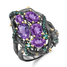 Load image into Gallery viewer, Exotic Nature Inspired Amethyst Ring.
$ 50 - 100, Amethyst, Purple, Green, Oval, Pear, 925 Sterling Silver, Cocktail 
